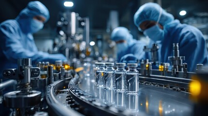 Fototapeta premium Sterile vaccine vials move along a conveyor belt in a pharmaceutical factory. This image shows medicine production and the importance of health technology.