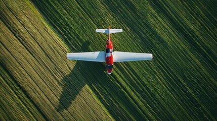 Naklejka premium Small red and white plane over green and beige fields