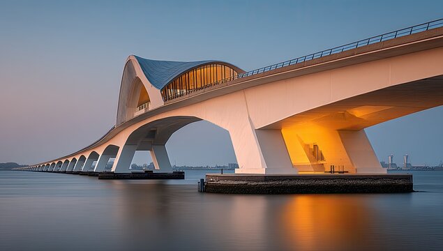 Modern bridge spanning tranquil waters at dawn - Powered by Adobe