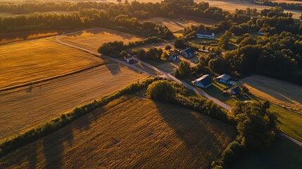 Fototapeta premium High-angle view of golden fields and small village at sunrise