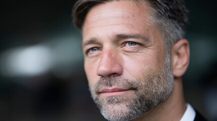 Obraz premium Close up of a middle aged man with graying hair and beard blue eyes and a thoughtful expression