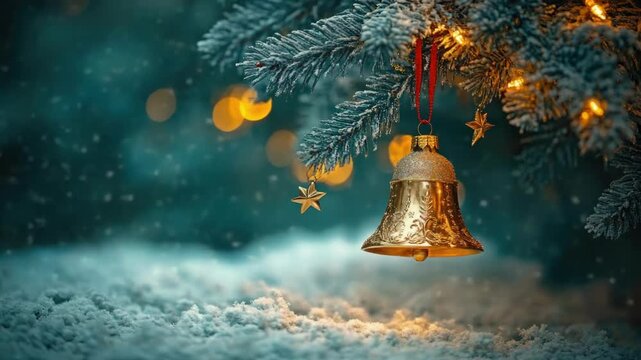 Golden bell and star ornaments on snowy christmas tree branch with lights