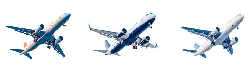 Obraz premium Three commercial airplanes in flight, captured from below, showcasing their sleek designs and engines against clear background