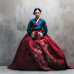 한복을 입고 의자에 앉아 있는 젊은 한국 여성-A young Korean woman wearing a hanbok sitting on a chair