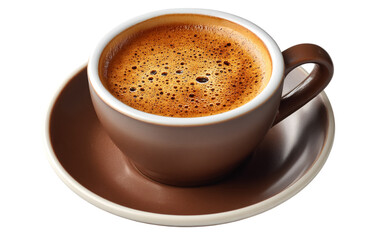 Fototapeta premium Brown cup holds espresso. Creamy surface, foam, for coffee branding, menus, posters.