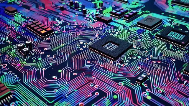 Technical 4K animation of a computer circuit board layout showing color changing components and microchip elements ideal for tech presentations engineering visuals and futuristic innovation