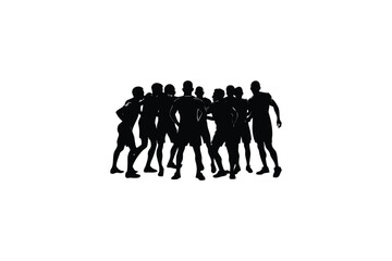 A diverse group of athletes in a huddle showcasing teamwork and unity in a striking black silhouette against a clean white background embodying sportsmanship and collaboration silhouette