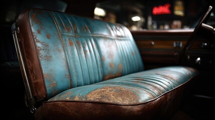 Distressed teal and brown leather backseat in classic car (1)