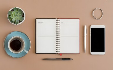 Minimal Flatlay of Open Notebook with Pen on Warm Desk – Productivity Workspace