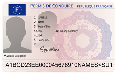 Driving license in France isolated on white background. Person driver license