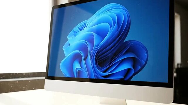 A desktop computer displays the Windows 11 logo on its screen set against a simple modern background