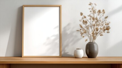 Empty frame, dried flowers, light wooden surface