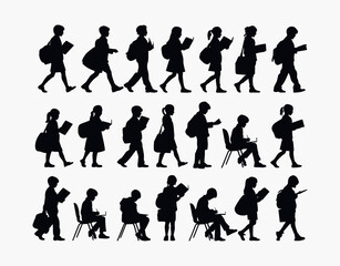 Silhouette Vector Template Illustration of Students Carrying Books and School Supplies
