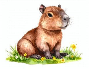 Fototapeta premium Capybara Watercolor Cute Rodent Animal Isolated.
