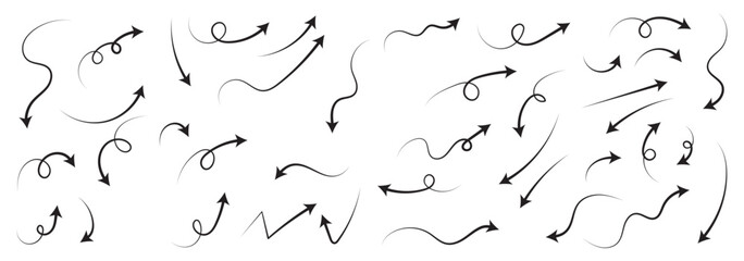 Squiggly red arrow set. Chalk elements in flat style. Doodle movement spiral arrows, scribble, lines. Hand drawn pencil brush for icon, children sketch. Vector illustration on white background