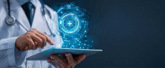 Doctor using tablet with holographic medical interface