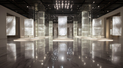 hyper-clean virtual gallery with floating translucent sculptures arranged in symmetrical grid formation