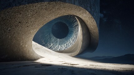 Vast, concrete structure, a colossal eye, night sky