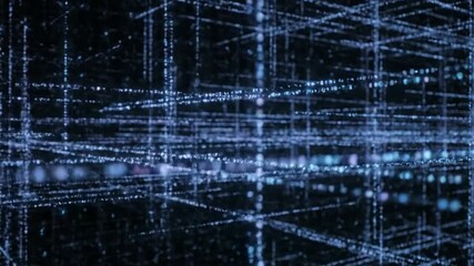 A grid of illuminated lines with bokeh effects Some lines have binary code The image is predominantly dark with blue and pink highlights - Powered by Adobe