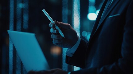 A male business professional in a formal suit holds a stylus and tablet, illuminated by blue lights, showcasing a modern, tech-driven environment that exudes sophistication and innovation.