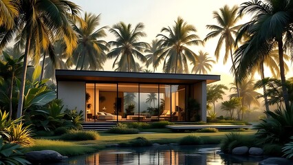 Fototapeta premium Modern tiny house with sleek glass walls and metal roof, nestled among tropical plants and palm trees, glowing softly in the warm sunrise light