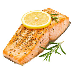 Salmon fillet with lemon and rosemary, garnished with herbs, isolated on transparent background