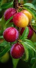 Ripe plums on branch, orchard, rain, harvest, food