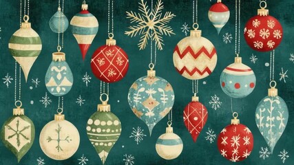 Vintage christmas ornaments and snowflakes on green background. Merry Christmas, Nativity, Xmas, Noel, Navidad - Global Winter Holiday, Christian Religious Celebration. Happy New Year - Powered by Adobe