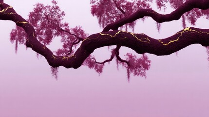 Dark purple tree branch with golden cracks and pink foliage against pale lavender sky