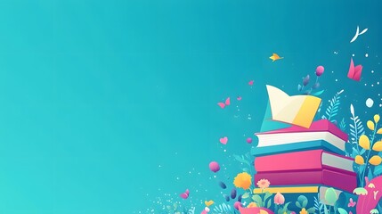 Fototapeta premium Colorful book stack surrounded by flowers and butterflies.