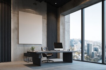Modern, minimalist office with large window