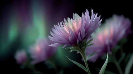 Obraz premium A single delicate purple aster flower with soft lighting blurred background with aurora borealis effect