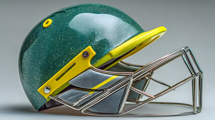 Green cricket helmet with yellow accent and steel face guard