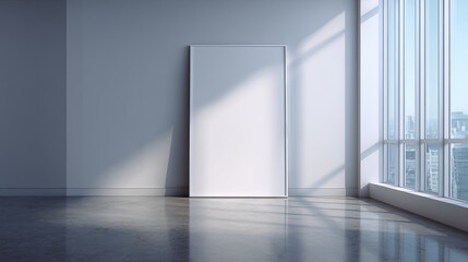Fototapeta premium Empty room with large white frame, city view