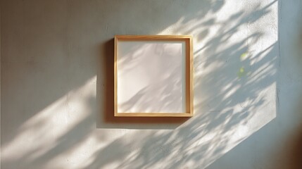 Empty light wooden frame on a wall, sunlit shadows