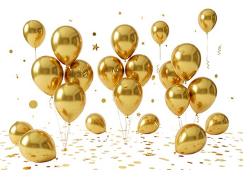 Collection of shiny gold balloons and confetti isolated on transparent background