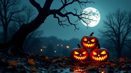 Fototapeta premium Three carved halloween pumpkins glowing at night under a full moon