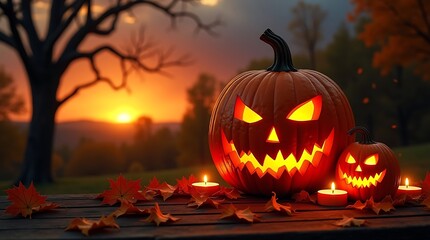 Scary carved pumpkin jack o lantern glowing at night with candles