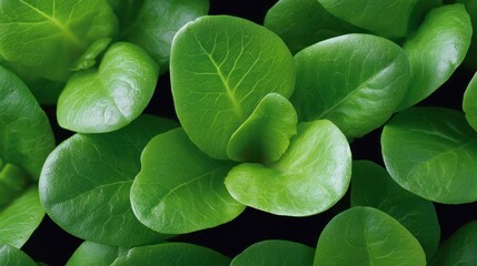 Macro shot of vibrant green leaves with visible veins against a dark background