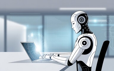 Advanced humanoid robot working on a laptop in a modern office setting