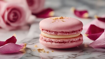 Pink macaron with roses on marble surface, close-up view. Good for valentines, birthdays, or dessert concepts.