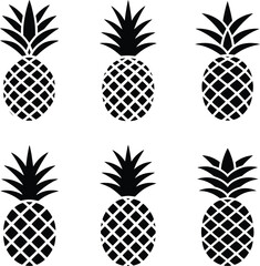 Obraz premium Six Black Pineapple Icons With Textured Body And Crown On White fruit tropical