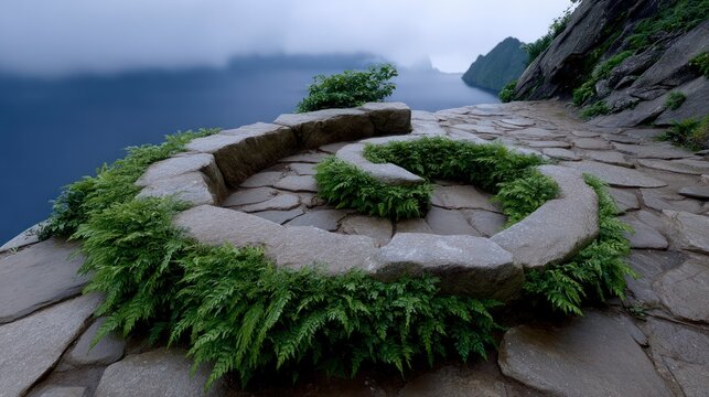 Ancient stone pathway with lush green ferns winding through rocky terrain against a misty blue backdrop