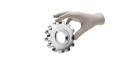 3d illustration of hand holding a metal gear isolated on transparent background