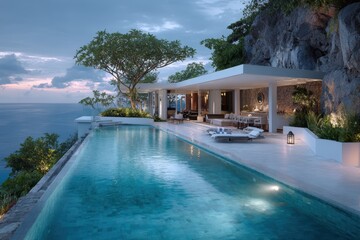 Fototapeta premium Luxury villa with infinity pool overlooking the ocean at dusk, peaceful. Perfect for travel ads, real estate, or aspirational lifestyle content.
