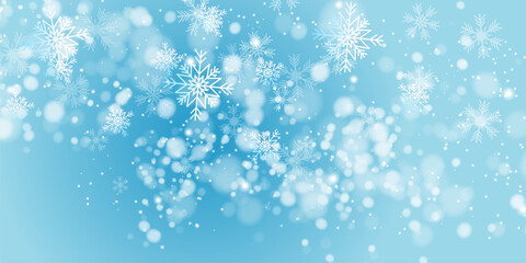 Random falling snow flakes wallpaper. Snowfall dust freeze granules. Snowfall sky white teal blue background. Many snowflakes vector. Snow nature scenery.