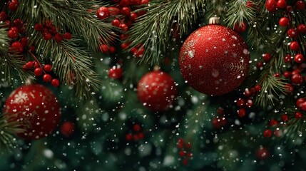 Fototapeta premium Red Ornaments, Winter Snow, Festive Decor