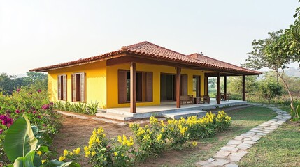 Fototapeta premium Serene Yellow House in Lush Greenery