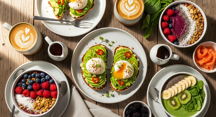 Delightful brunch spread featuring avocado toast, vibrant acai bowls, and creamy lattes perfect for a healthy lifestyle and social media sharing, ideal for cafe promotions