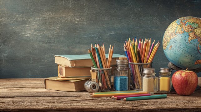 Classroom supplies on rustic wooden table, globe, books, and chalkboard background